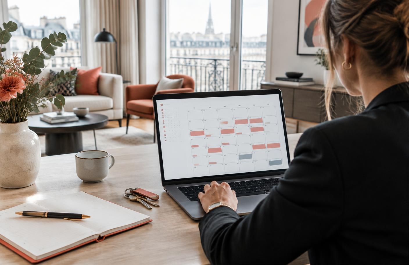 Gestionnaire consultant un calendrier de réservations sur ordinateur